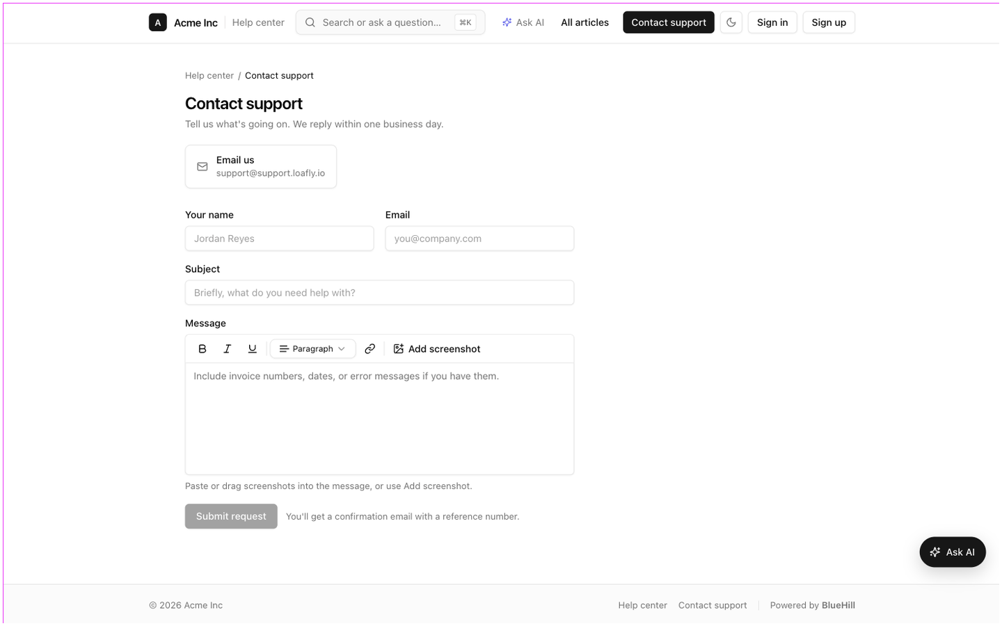 The contact support page
