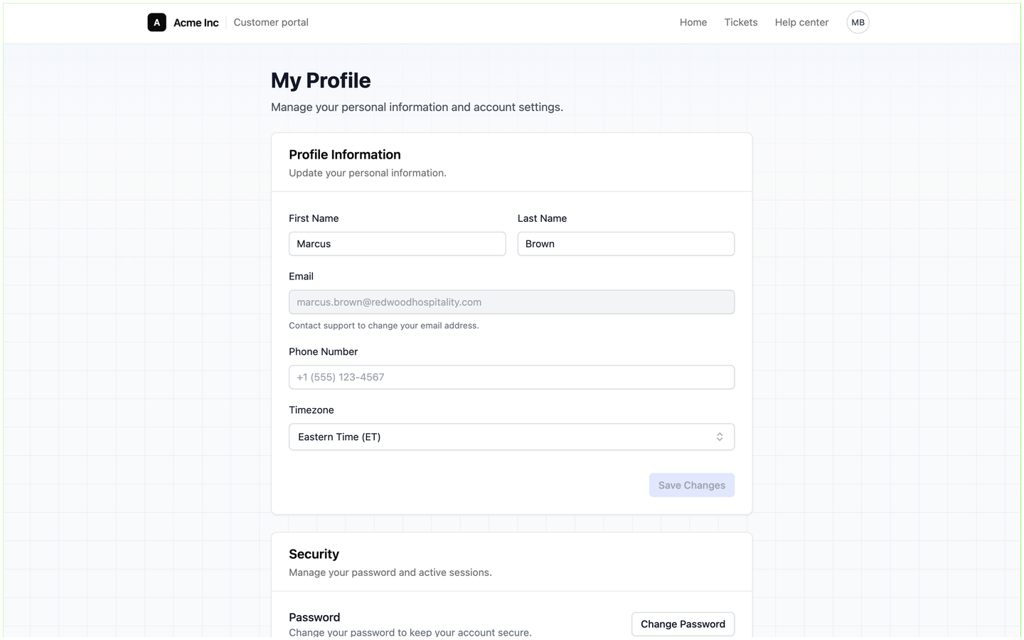 The My Profile page