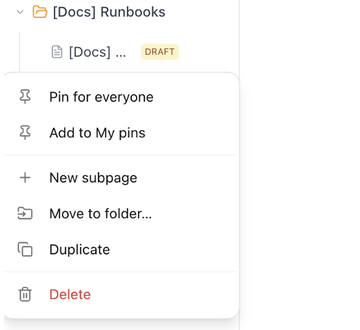 The page menu in the sidebar tree