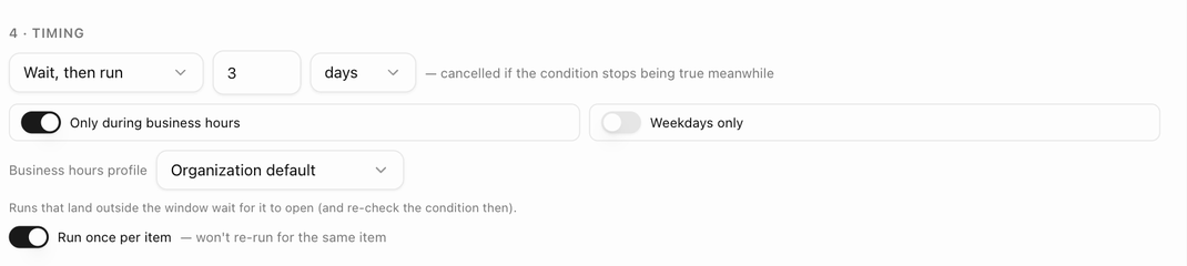 The Timing block with a delay and business hours