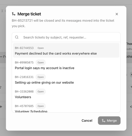 The Merge ticket dialog