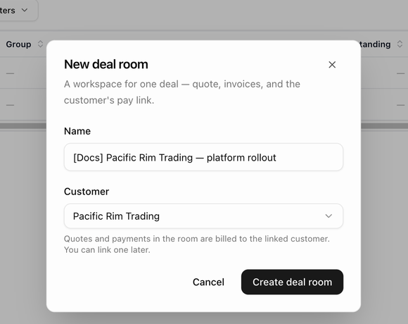 The New deal room dialog