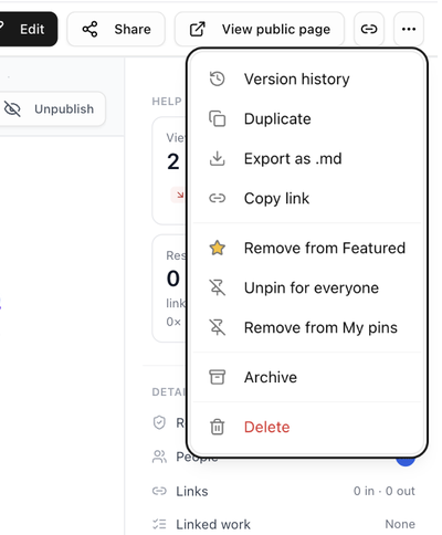 The article actions menu