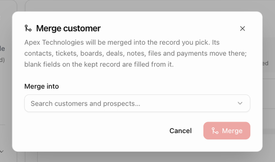 The Merge customer dialog