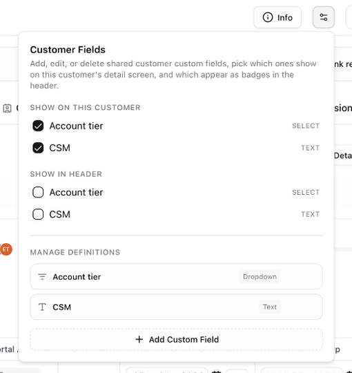 The Customer Fields popover