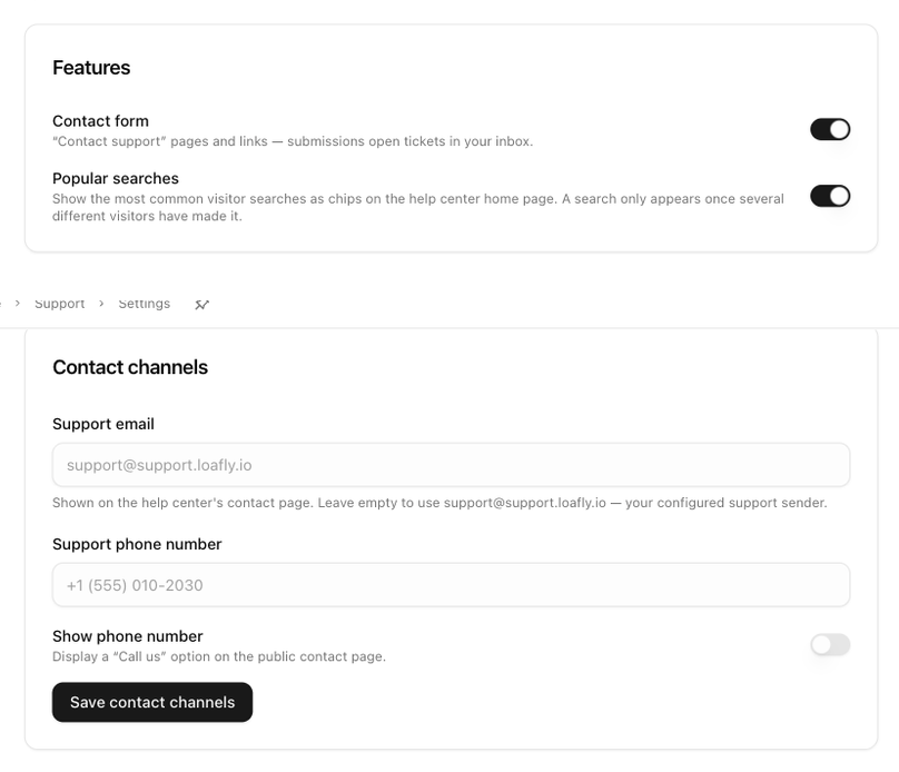 The Features and Contact channels cards