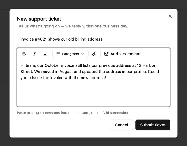 The New support ticket dialog