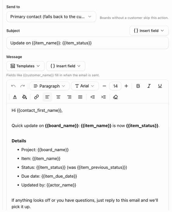 The Email the customer action