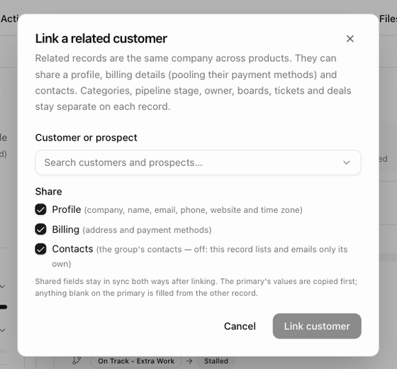 The Link a related customer dialog