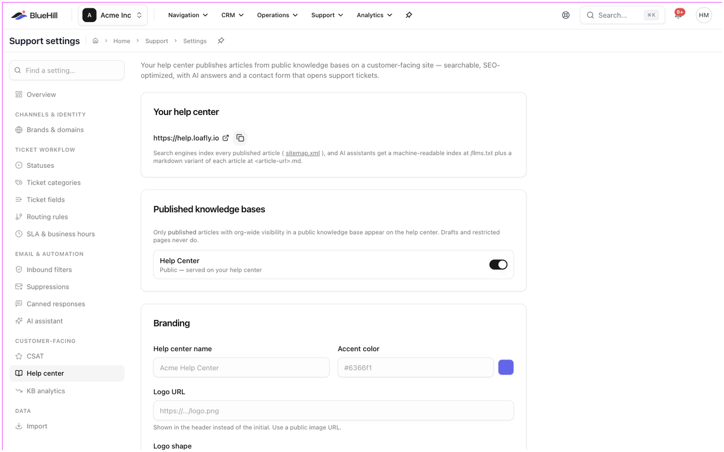 The top of the Help center settings page