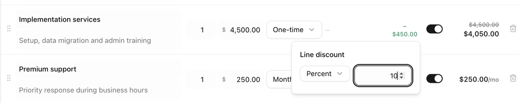 The line discount popover