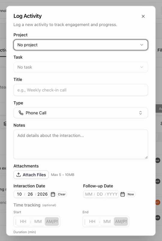 The Log Activity dialog