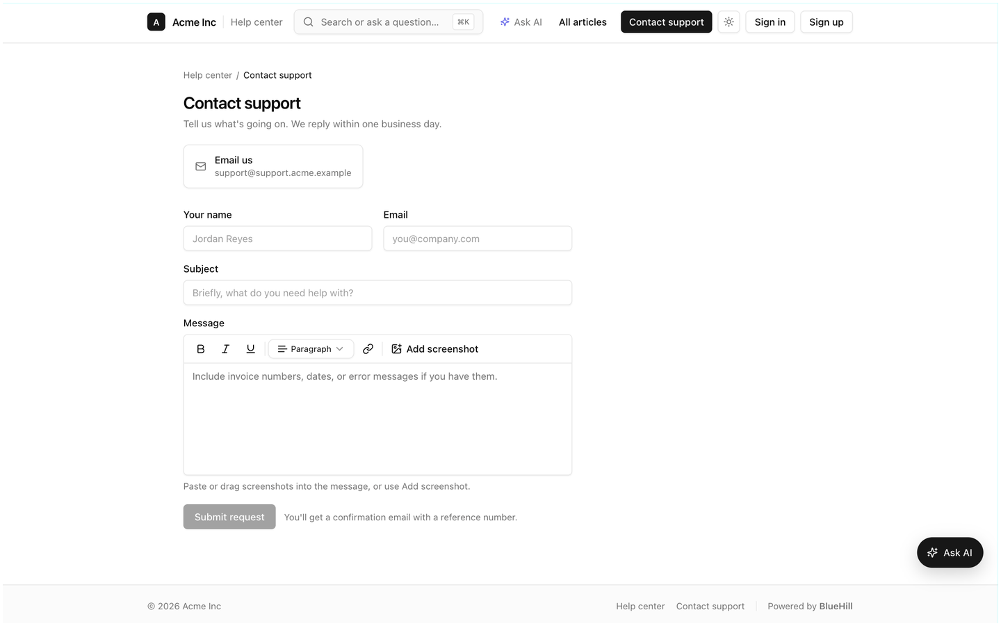 The help center contact form