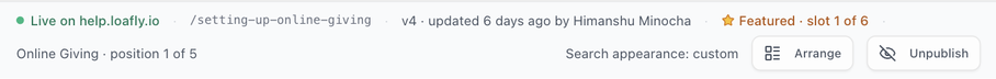The publish bar on a live article