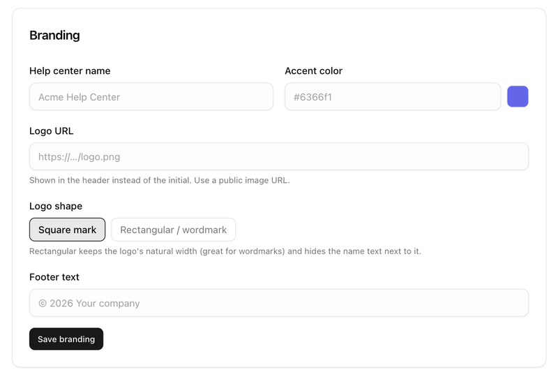 The Branding card in Help center settings