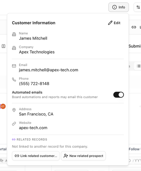 The Customer Information popover