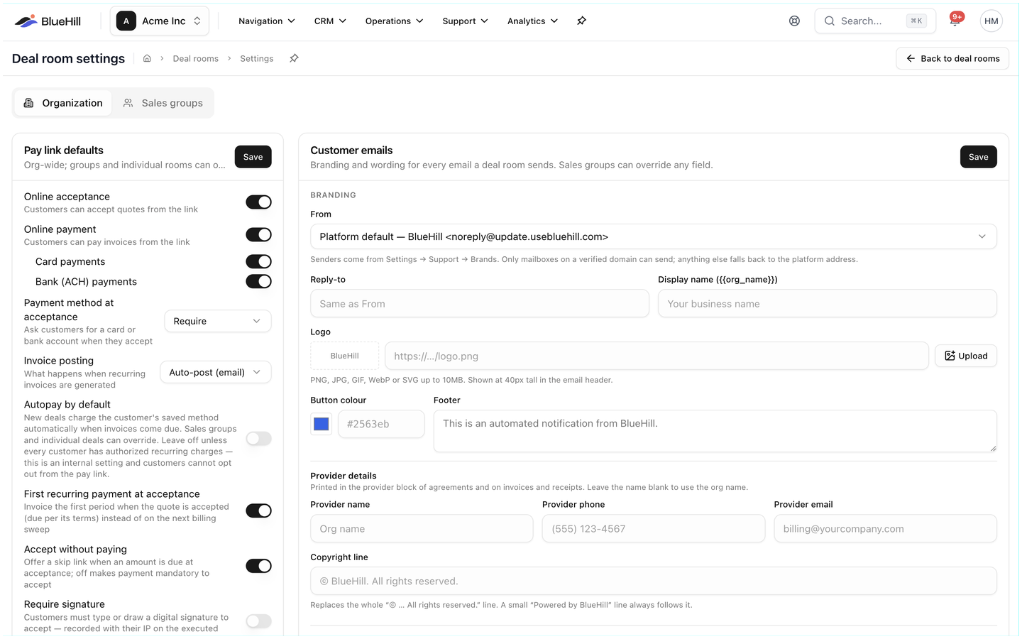 Deal room settings, Organization tab