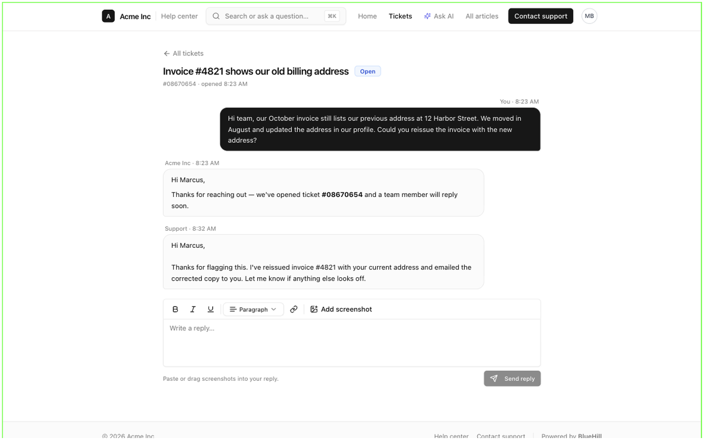 A ticket conversation in the portal