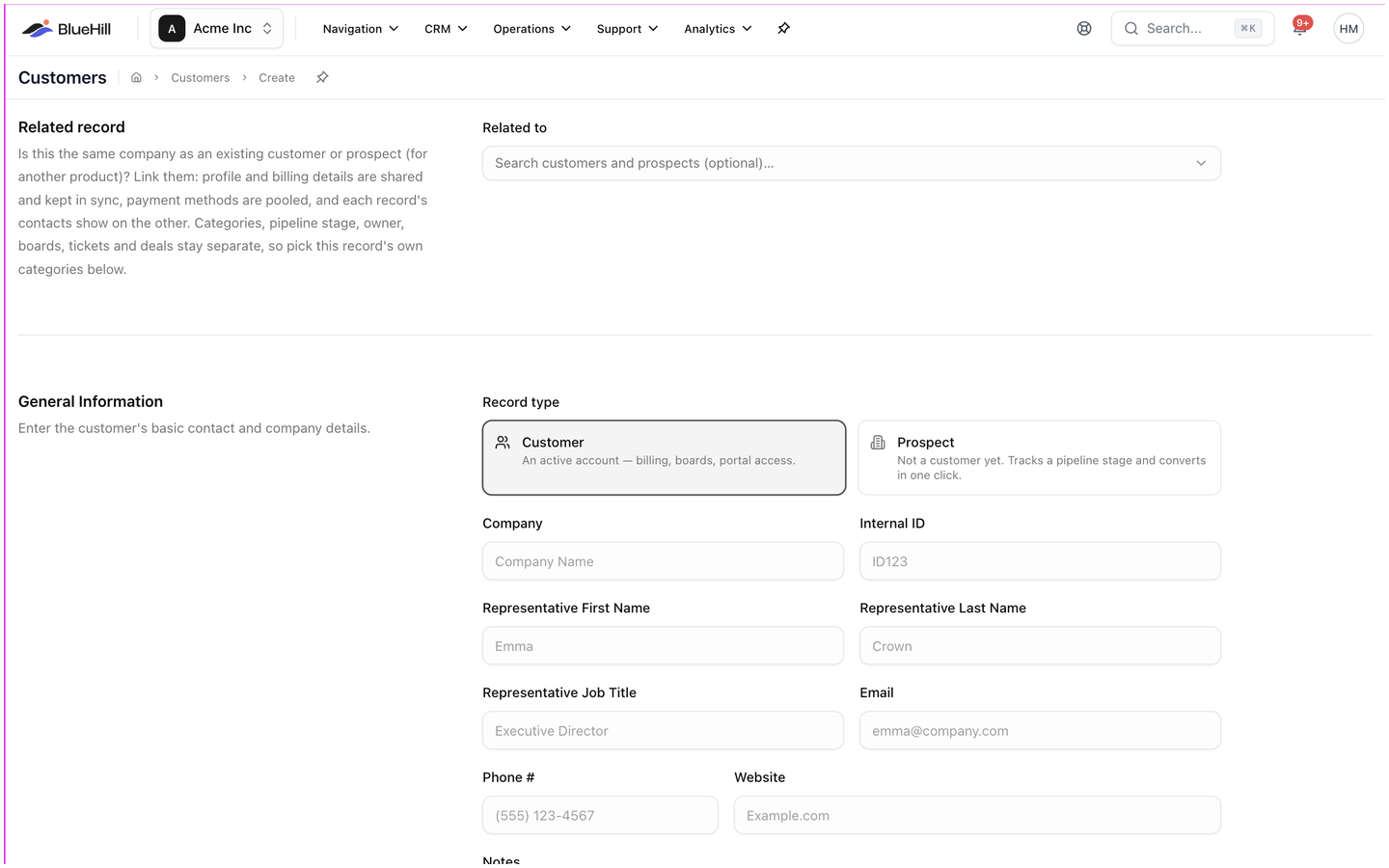 The Create Customer page