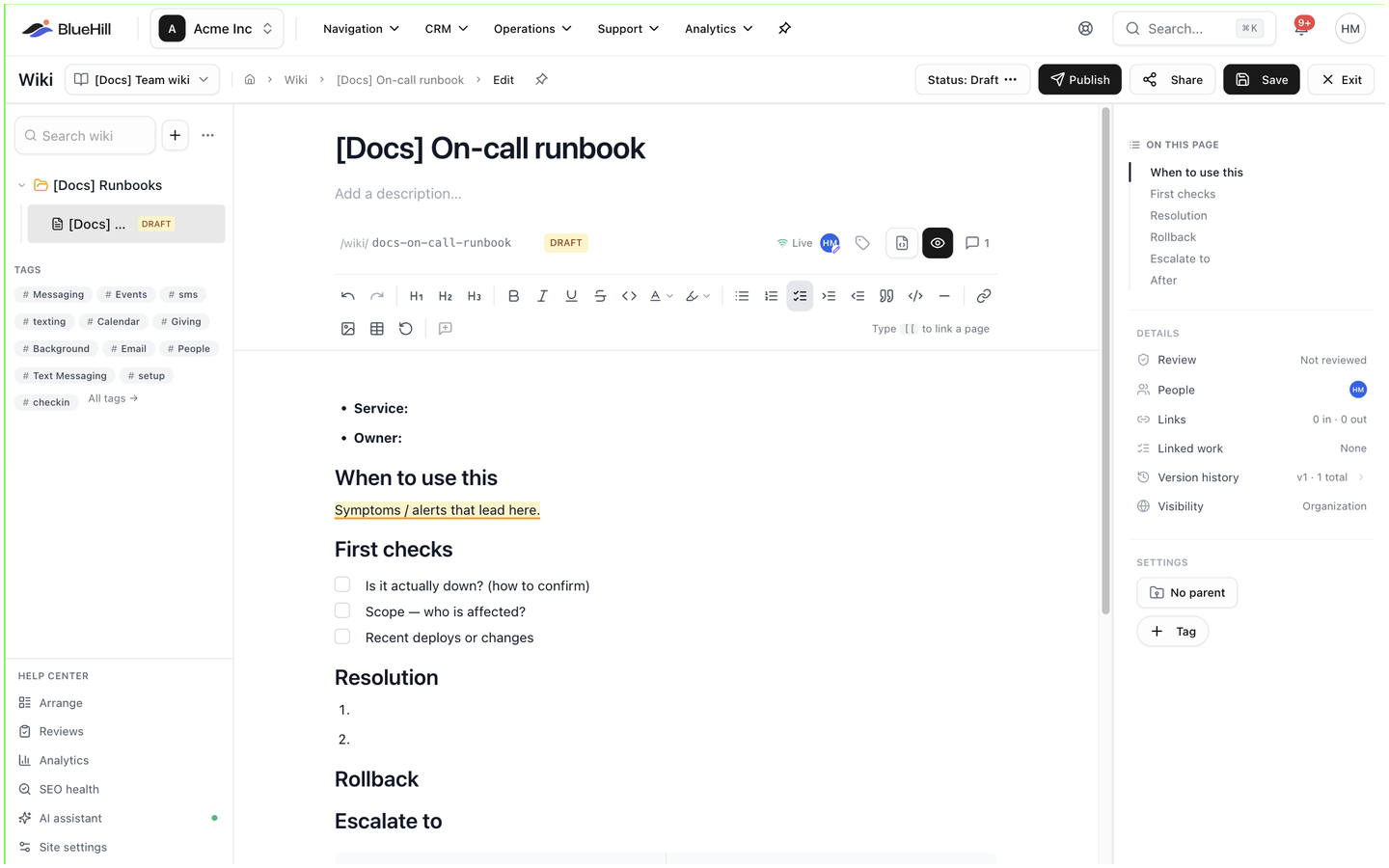 The editor on a saved page