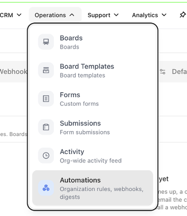 The Operations menu with the Automations entry