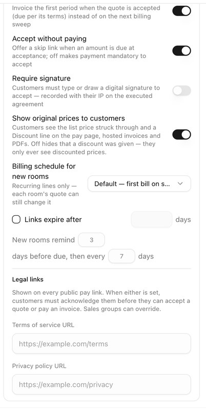The Pay link defaults card