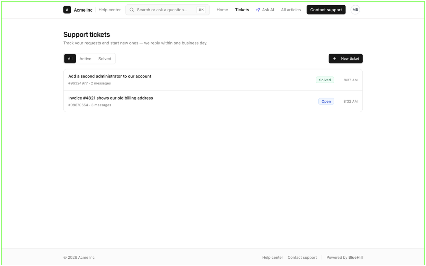The Support tickets page as a signed-in customer sees it