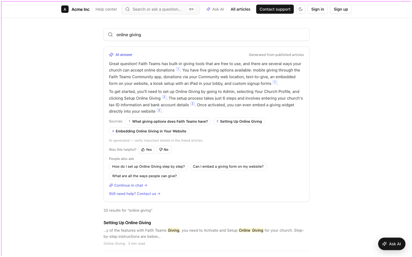 The search results page