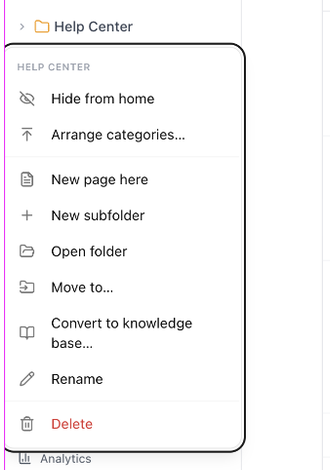 The folder menu in the sidebar tree