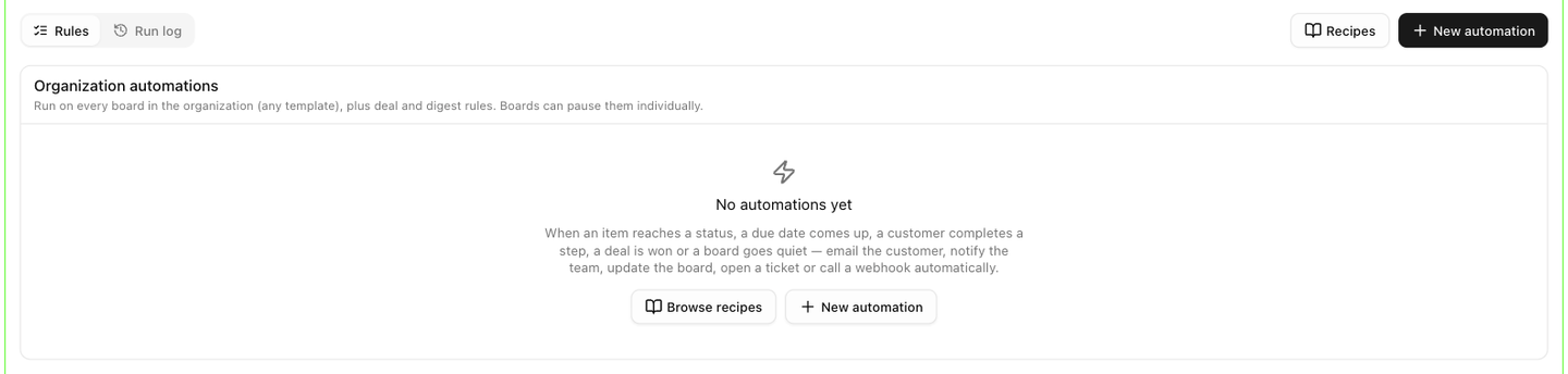 The empty Organization automations card