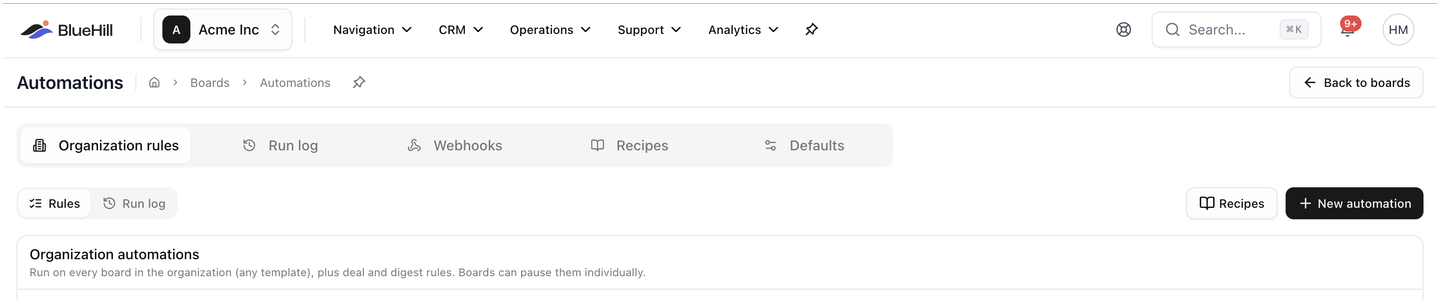 The organization Automations page