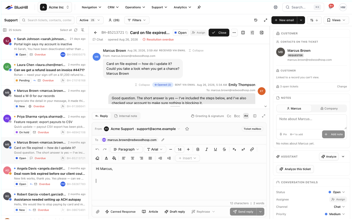 The Support inbox with a ticket open