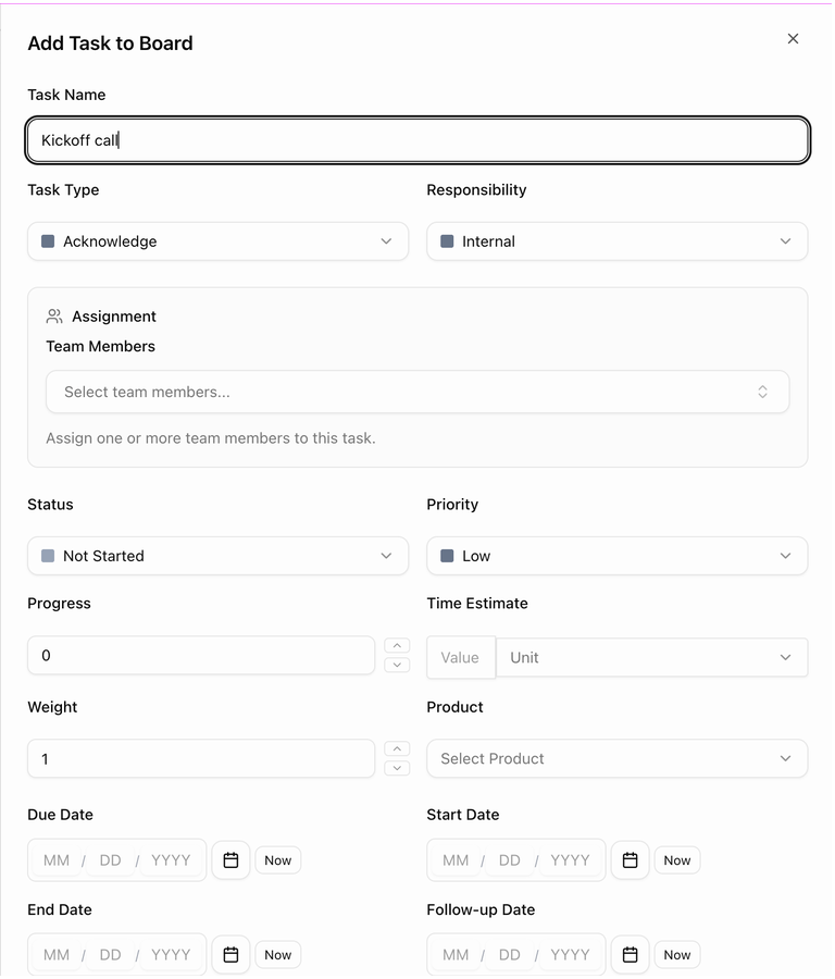 The Add Task to Board form
