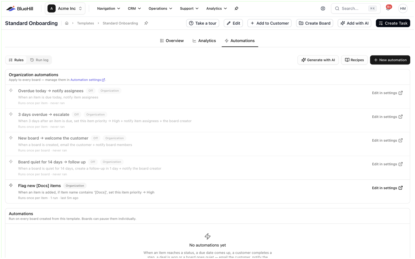 The Automations tab of a board template