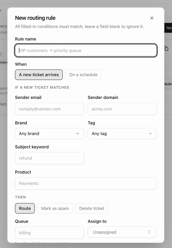 The New routing rule dialog