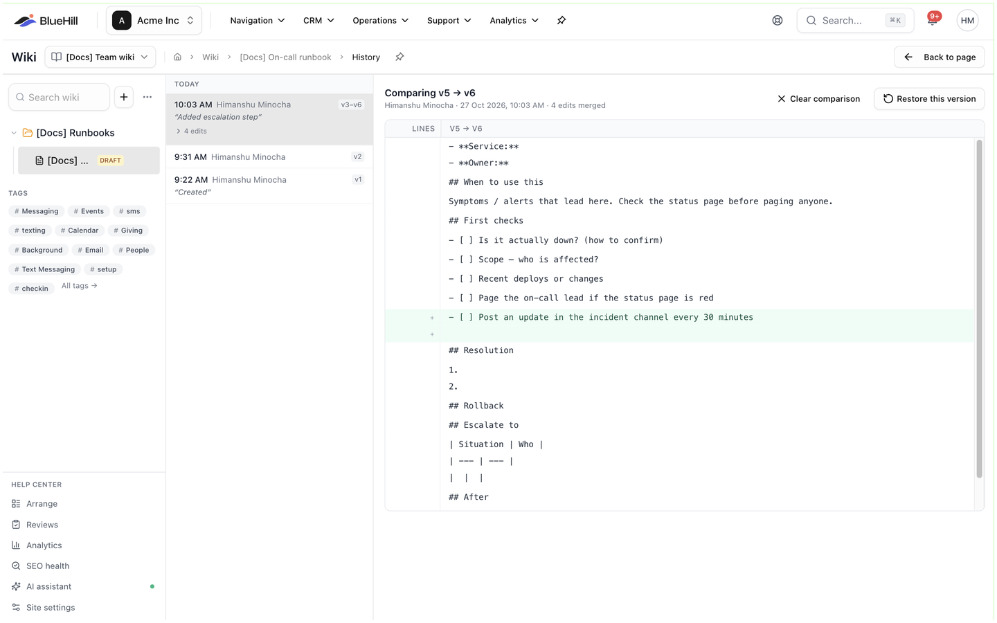 The version history page