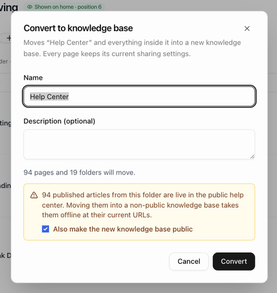 The Convert to knowledge base dialog