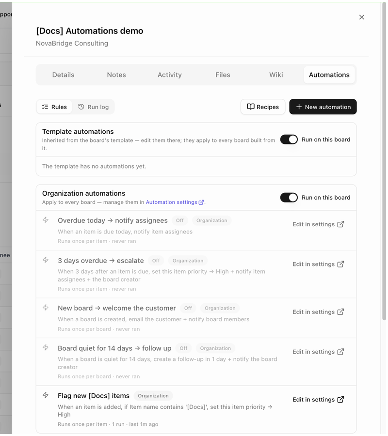 The Automations tab of the Edit Board panel