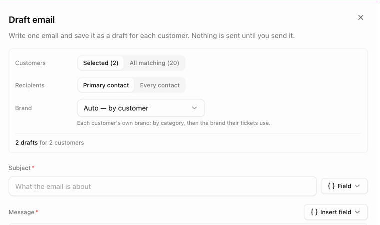 The Draft email panel