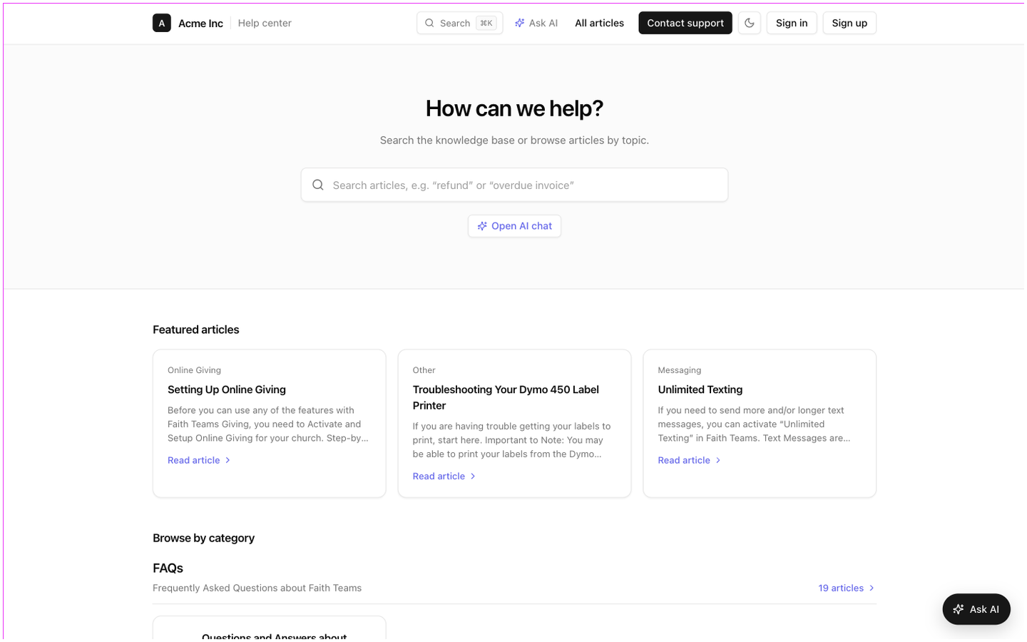 The public help center home page