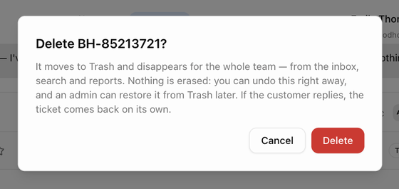 The Delete ticket confirmation
