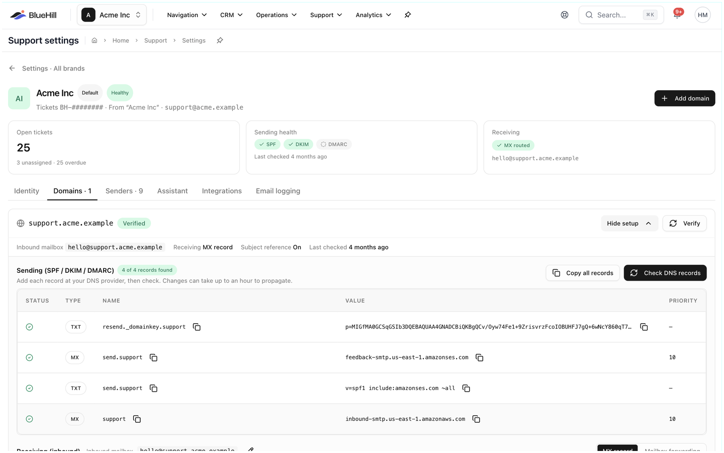 A domain's setup panel