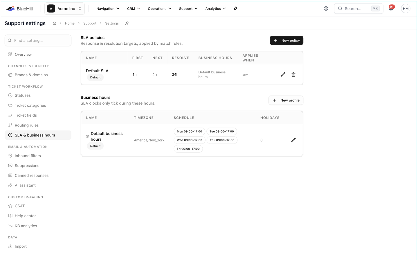 The SLA & business hours settings