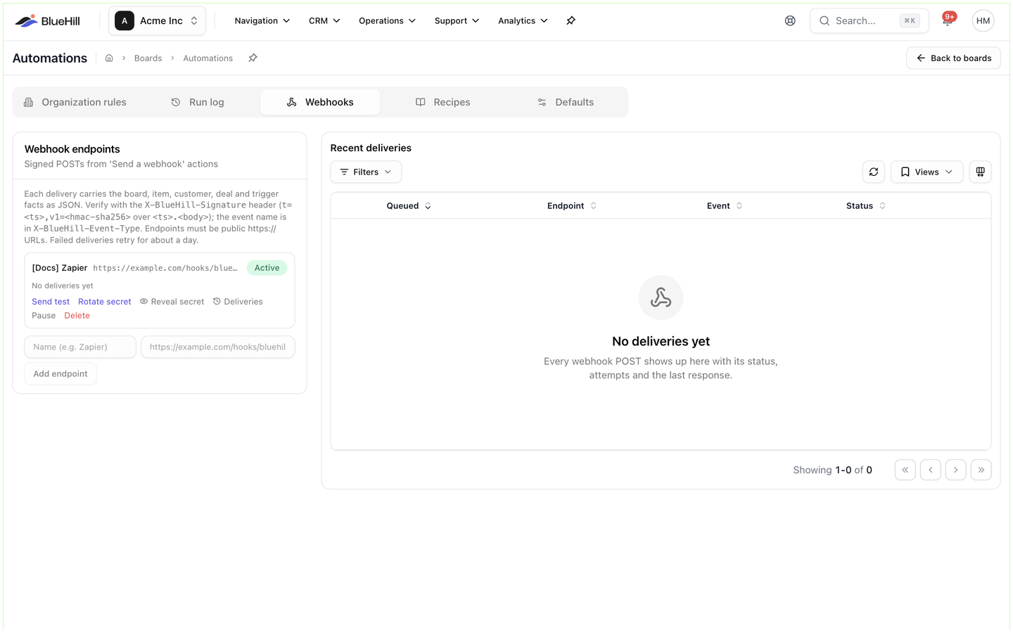 The Webhooks tab